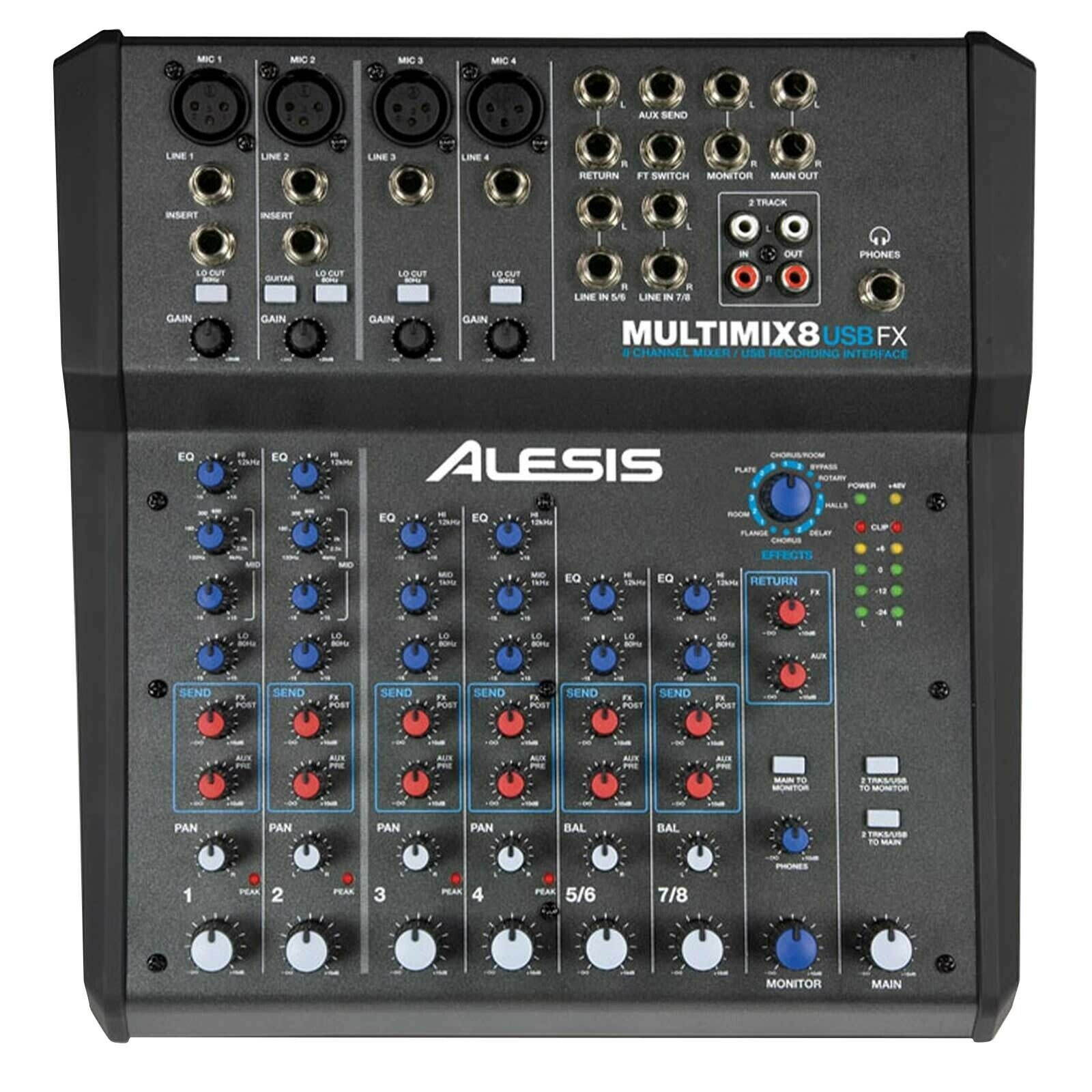 Alesis MultiMix 8 USB FX 8-Channel Desktop PA Mixer w Vocal Mics & Stands