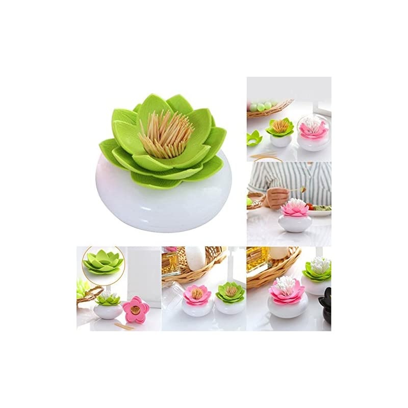2 PACK  Lotus Cotton Swab Holder,Cotton Bud Small Q-tips Toothpicks Brushes Holder Box Case Storage Organizer Jar with Clear Lid Dustproof Cover Green + Pink
