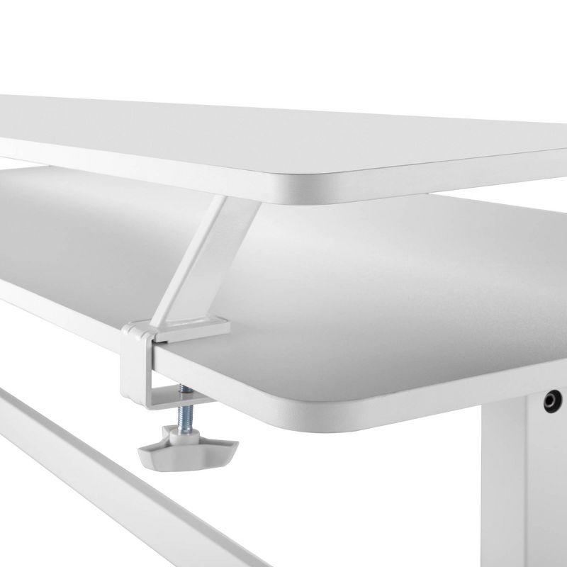 Tranzendesk Standing Desk with Clamp-On Shelf - 55" Sit to Stand Workstation with 55" Monitor Stand - White - Stand Steady