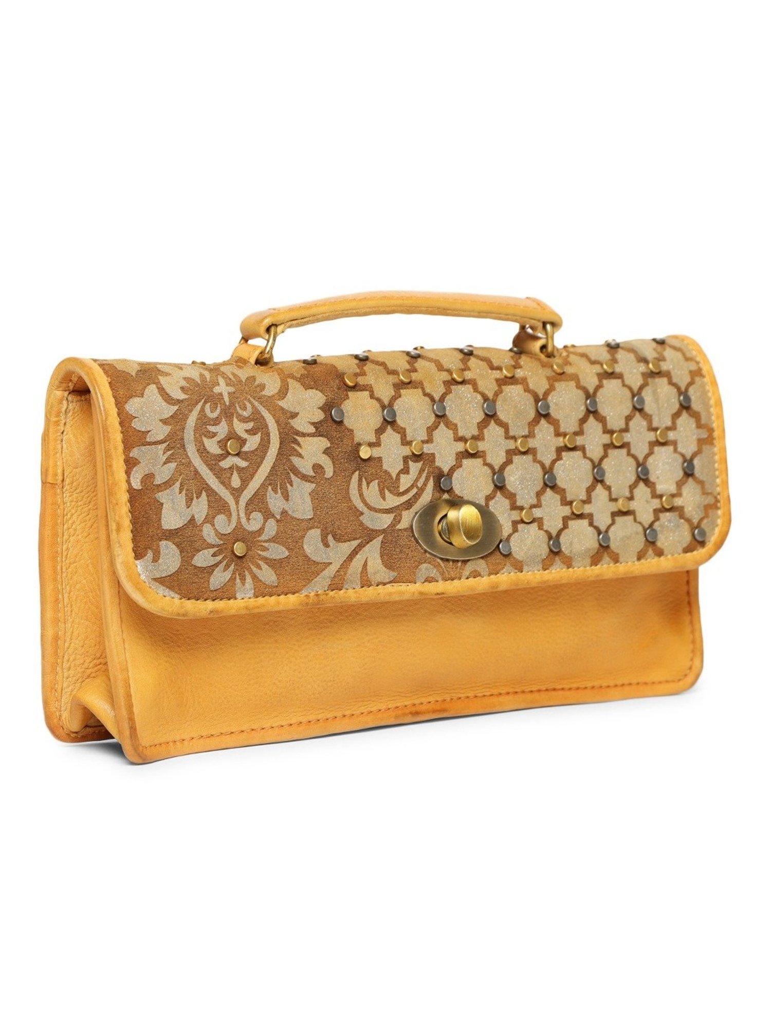 Art N Vintage Luminosa Mustard Yellow Leather Embellished Small Sling Handbag