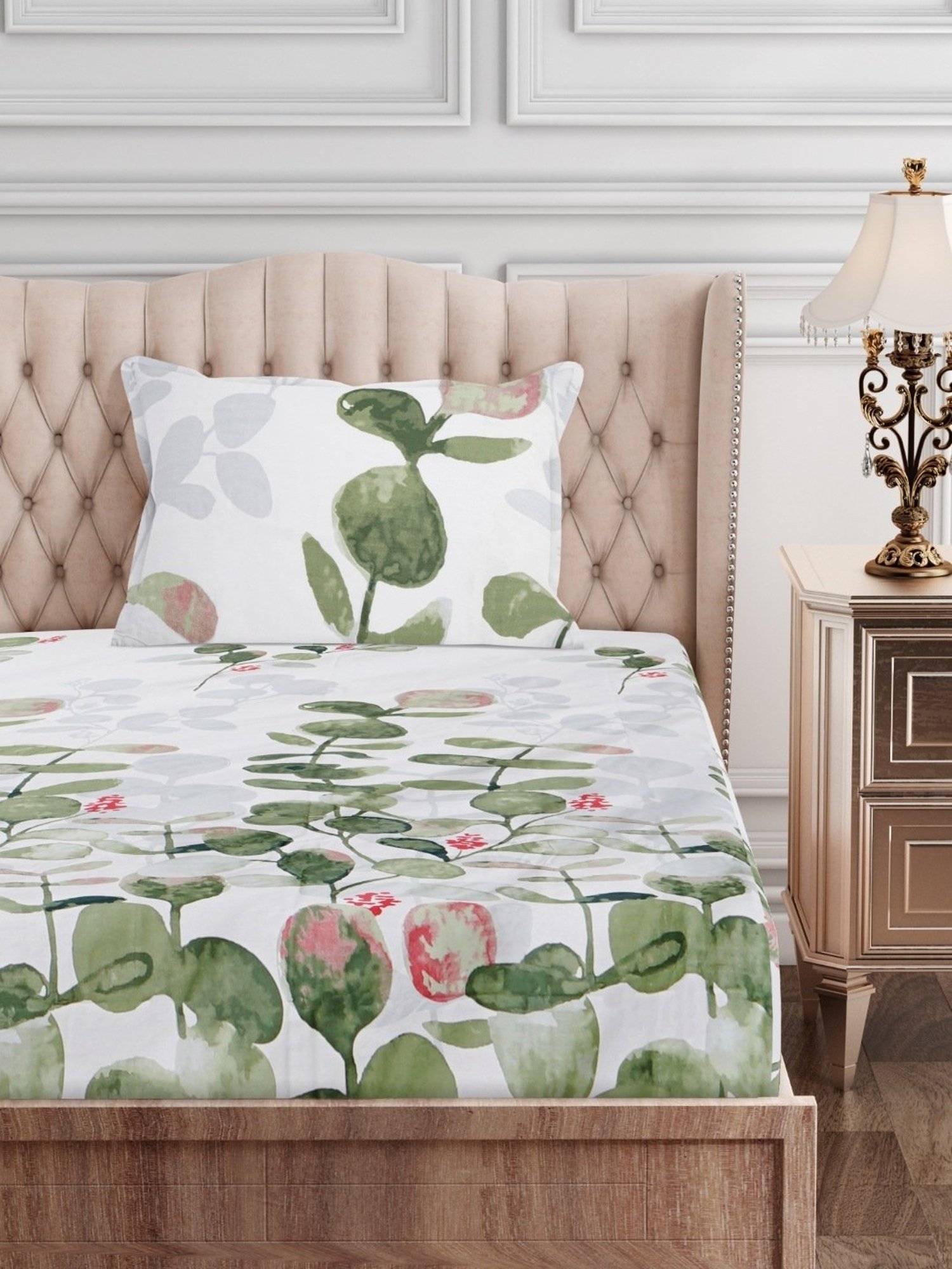 SEJ by Nisha Gupta Floral Green 210 TC Cotton Single Bed Sheet with 1 Pillow Cover