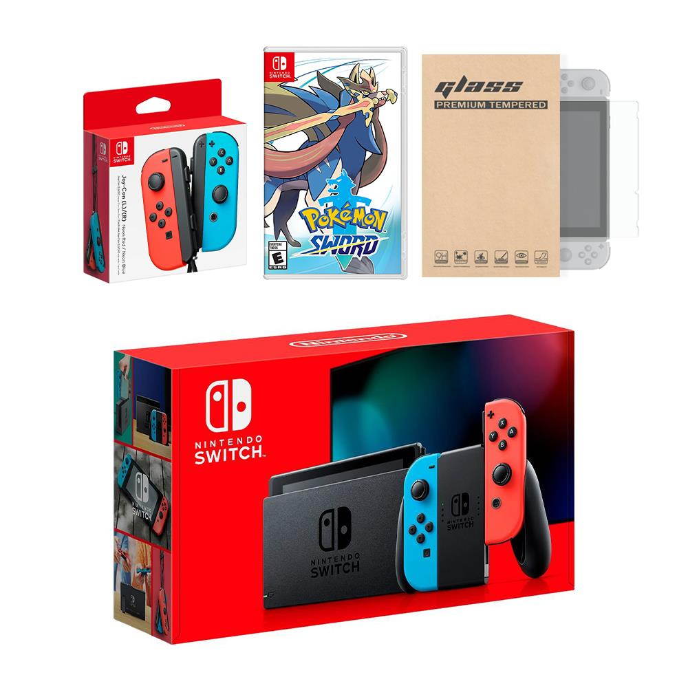 Nintendo Switch Red/Blue Joy-Con Console Bundle with an Extra Pair of Neon Red/Blue Joy-Con, Pokemon Sword, and Tempered Glass Screen Protector