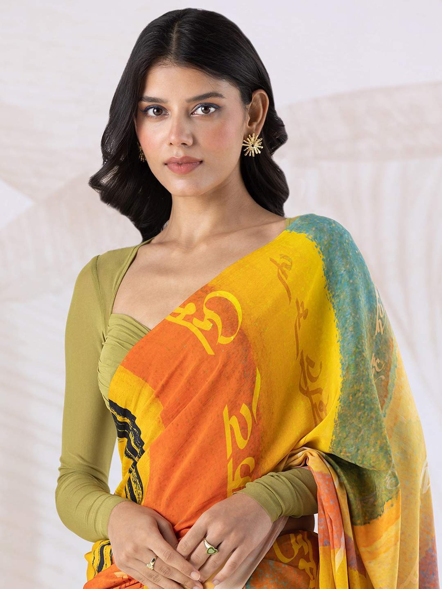 navyasa by liva Yellow & Blue Printed Saree With Unstitched Blouse