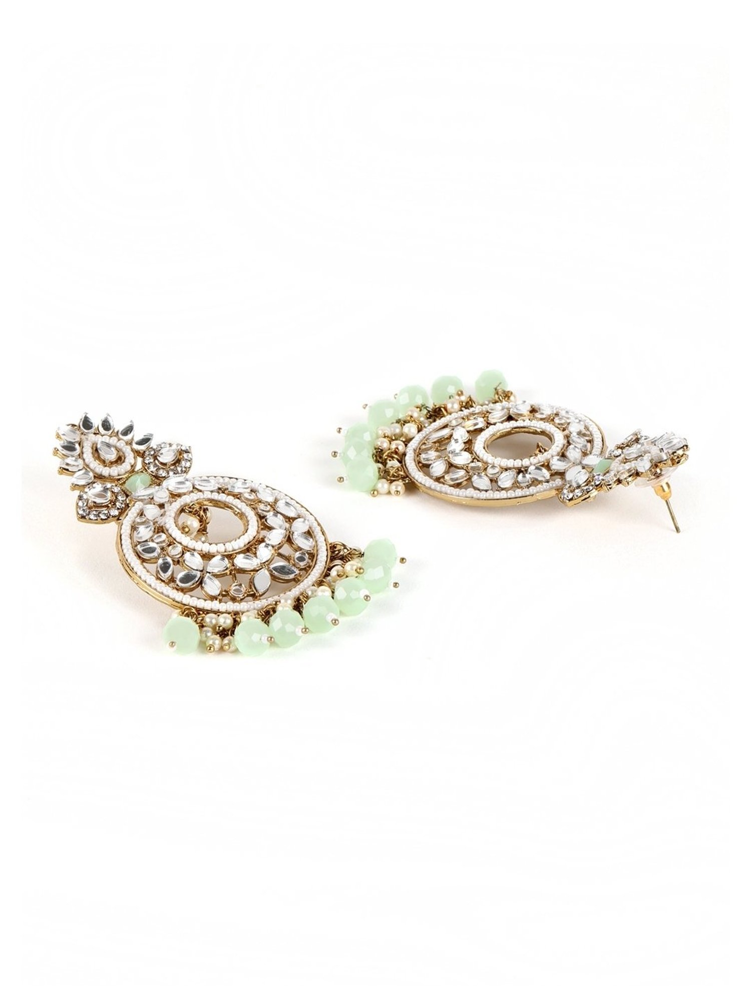 Aatmana Mint Green Gold-Plated stone Studded & Beadded Crescent Shaped Dangler Earrings