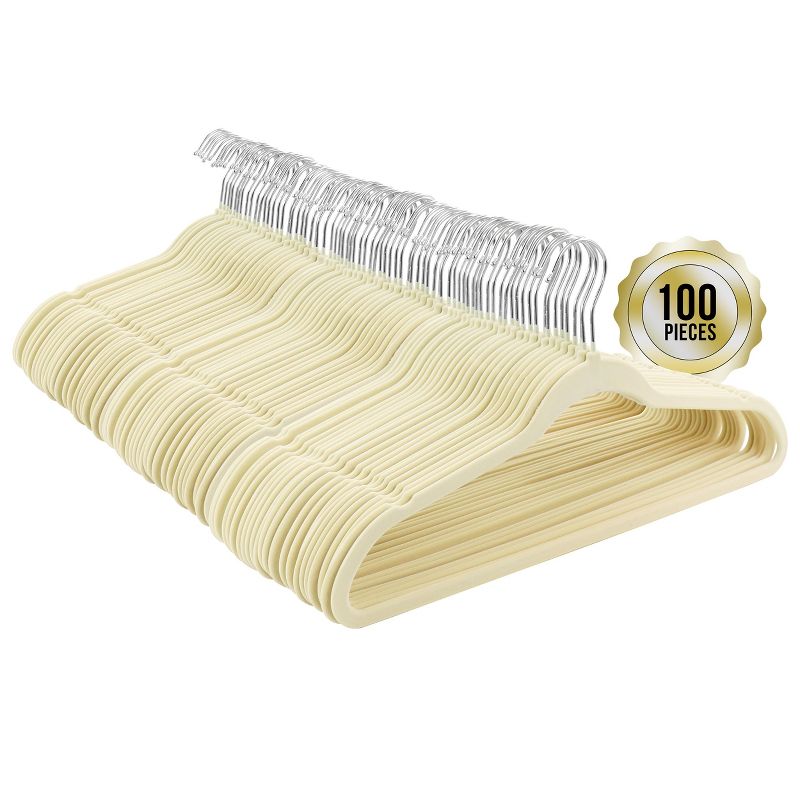 Elama Home 100 Piece Heavy Duty Velvet Non-Slip Slim Profile Hanger Set in Cream
