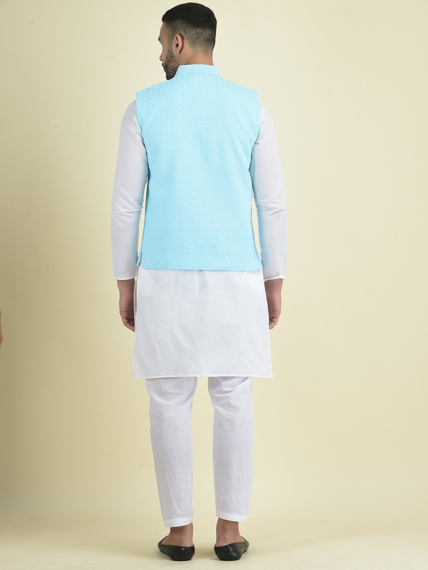 Deyann Blue & White Cotton Regular Fit Embroidered Kurta Set With Jacket