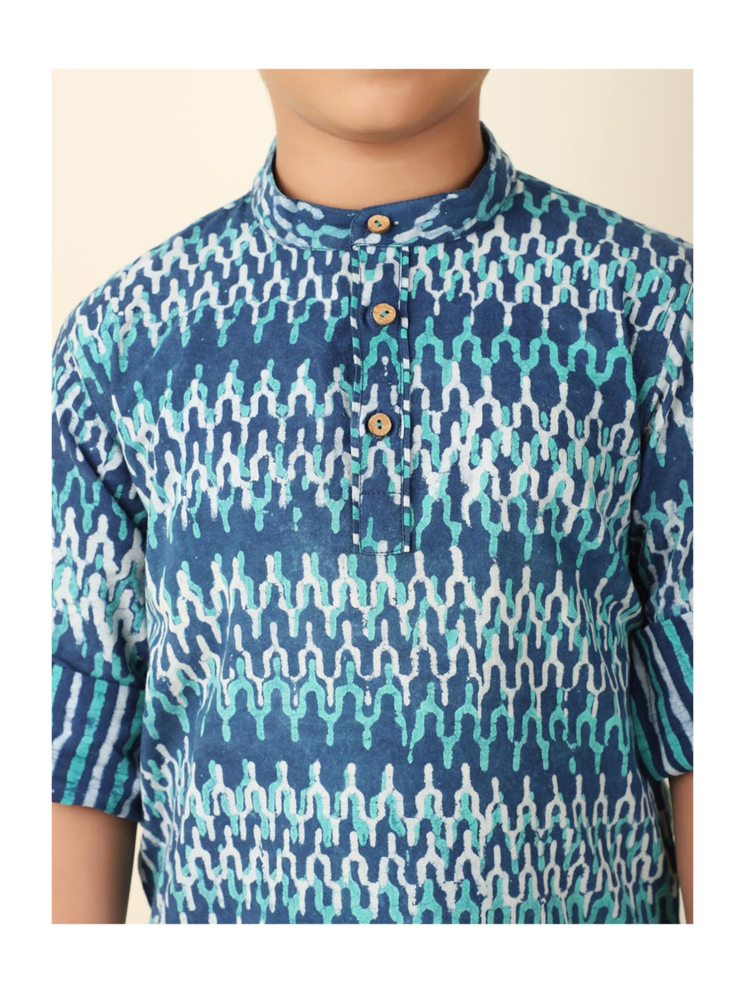 Fabindia Kids Indigo Printed Full Sleeves Short Kurta