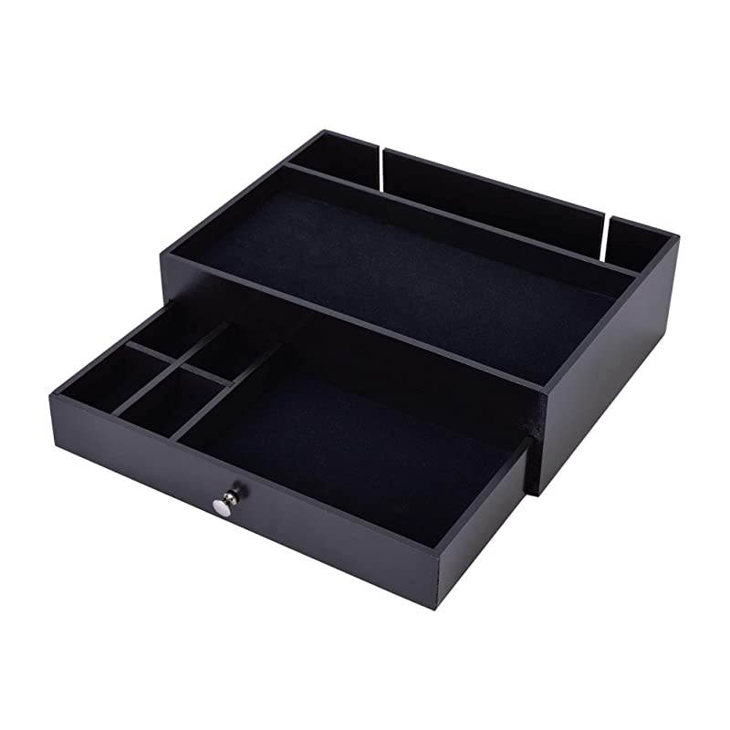 Valet Drawer Charging Station Black Nightstand Organizer Wallet and Key Tray Holds Watches Jewelry Tablet 5 Compartment Cell Phone Holder for Men and Women