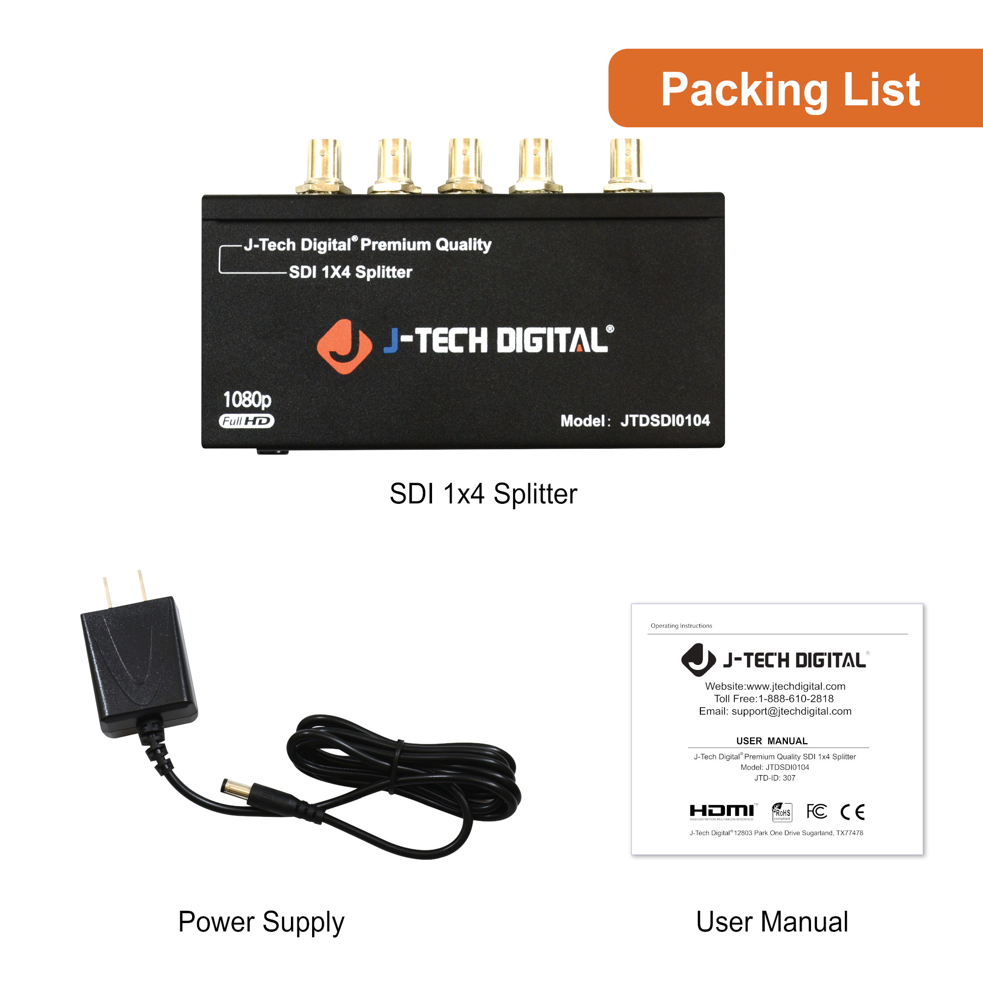 J-Tech Digital Premium Quality SDI Splitter 1x4 Supports SD-SDI, HD-SDI, 3G-SDI up to 1320 Ft (1 Input and 4 outputs)
