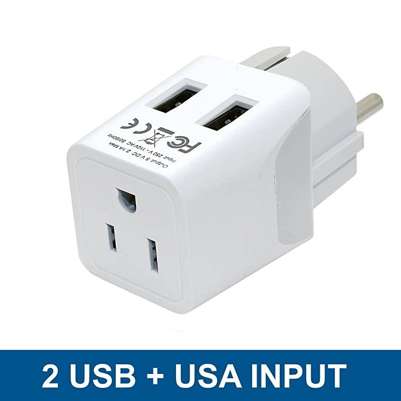 Schuko Germany France Spain Travel Adapter Plug with Dual USB Usa Input Type EF Ultra Compact Perfect for Cell Phones Laptop Camera Chargers iWatch iPad iPhone and More CTU9