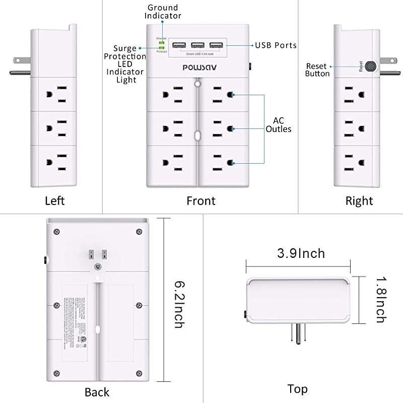 Multi Plug Outlet, Outlet Splitter,  Surge Protector Wall Mount with 12-Outlet Extender and 3 USB Ports(Smart 3.4A Total) for Home, Office, Dorm Essentials, Hotel, White, ETL Listed