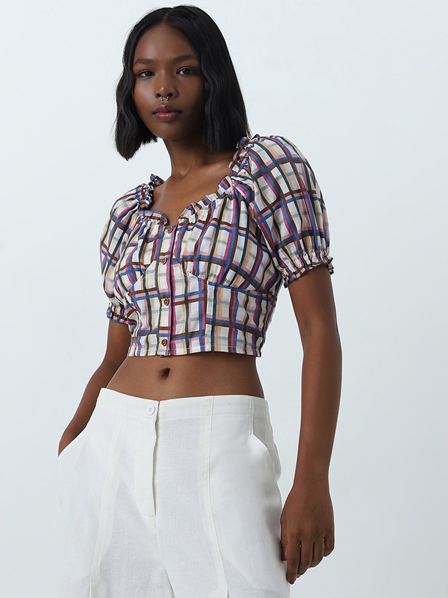Bombay Paisley by Westside Multicolour Checks Printed Cotton Crop Top