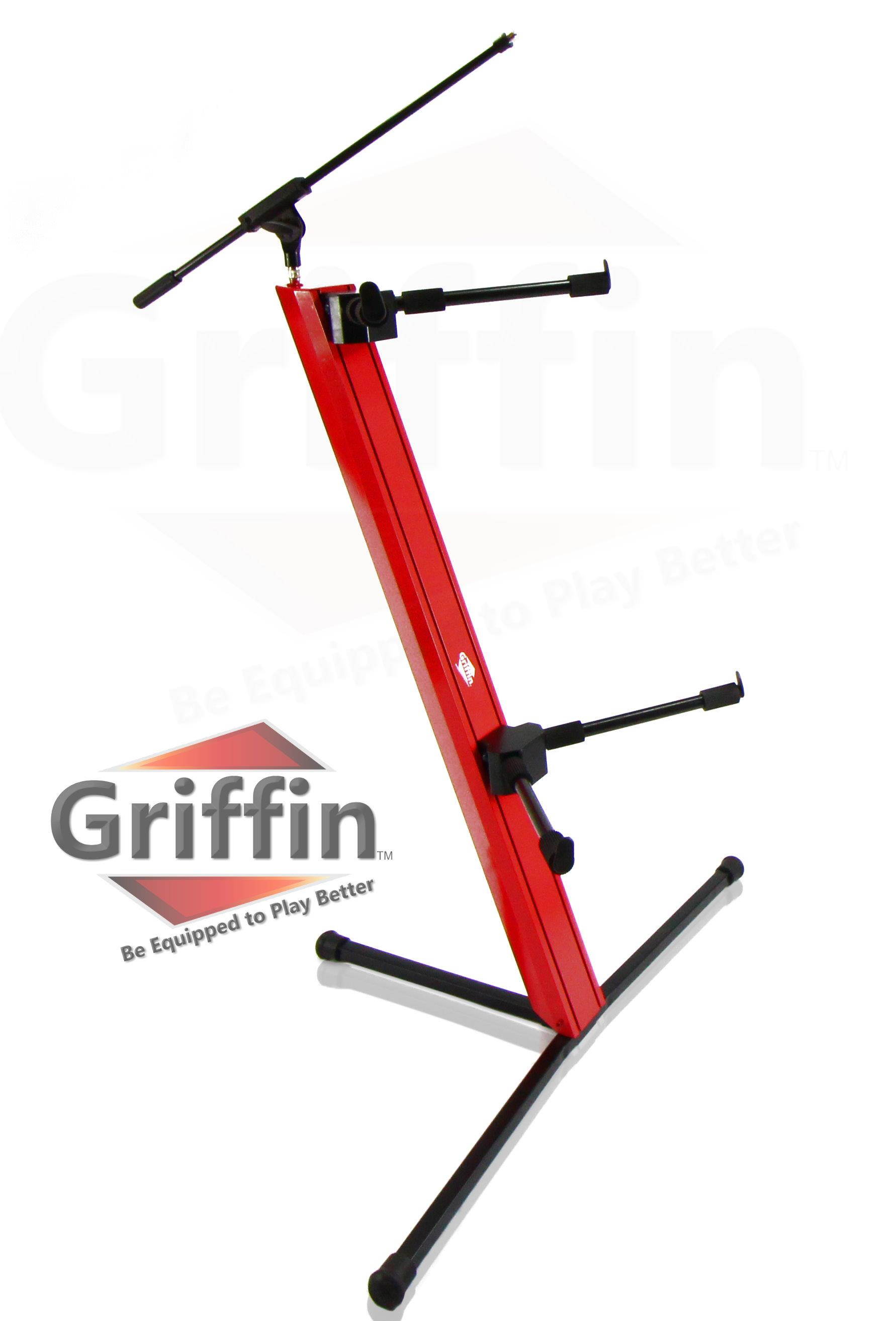 2-Tier Column Keyboard Stand with Mic Boom Arm by GRIFFIN | Double Sliding Multi Mounting Platform Red Stage Tower Rack | Holder for Digital Piano, Turntable, DJ Audio Gear, Studio Laptop Synthesizer