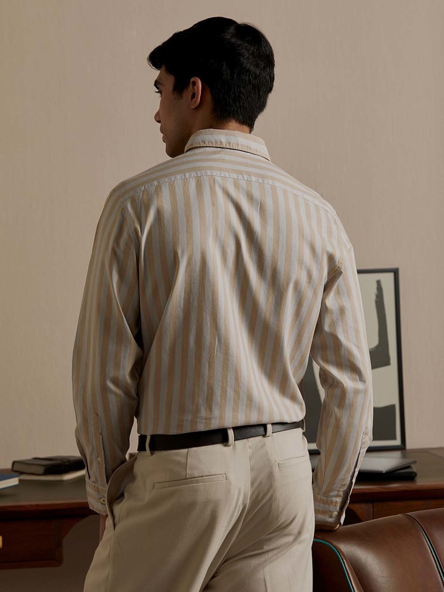 ANDAMEN Beige Slim Fit Striped Cotton Shirt