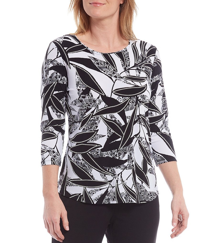Allison Daley Petite Size Paradise Leaf Puff Print 3/4 Sleeve Top