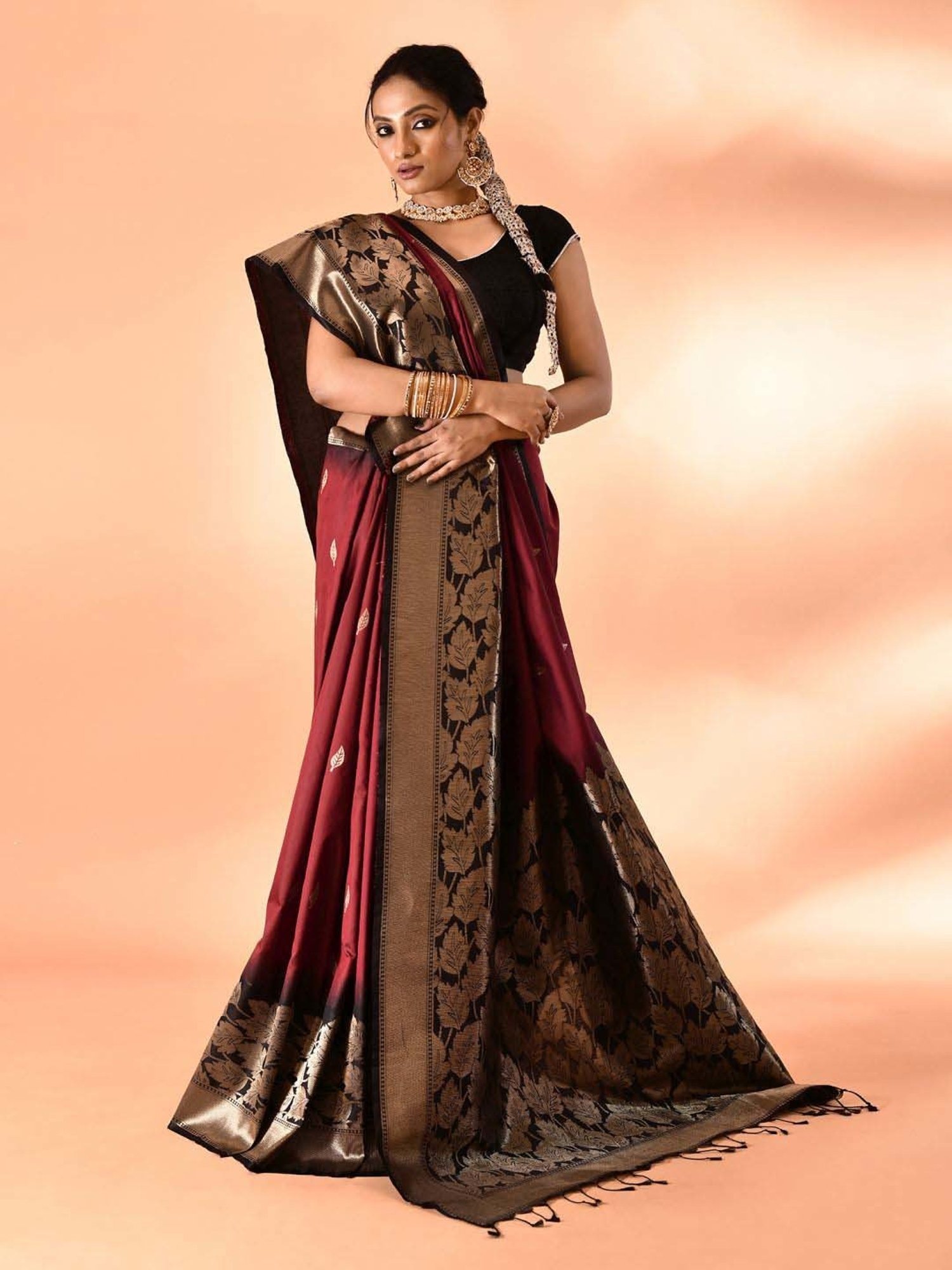 Elora Maroon Silk Woven Saree With Unstitched Blouse