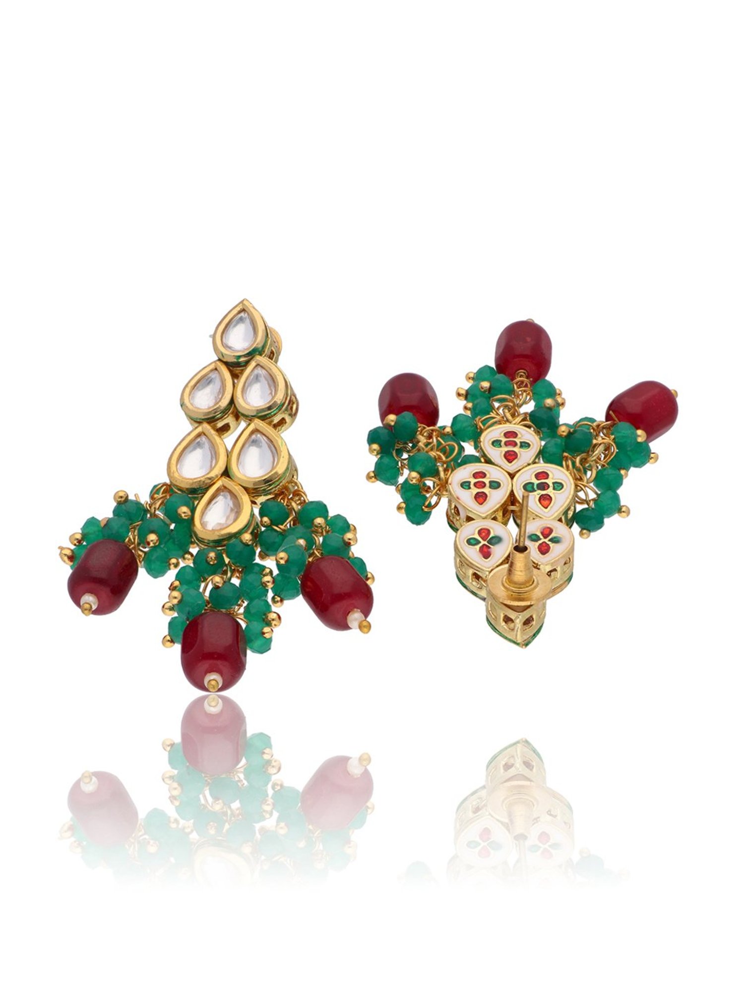 Curio Cottage Bridal Shades of Hues Kundan Green & Red Necklace & Earring Set for Women