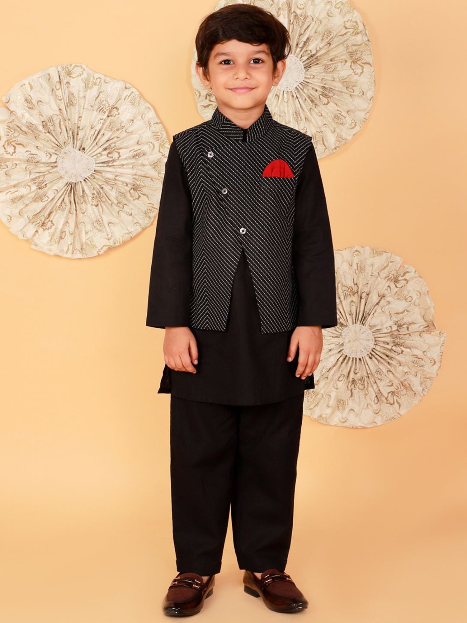 Lil Drama Kids Black Printed Full Sleeves Kurta, Jacket with Pyjamas
