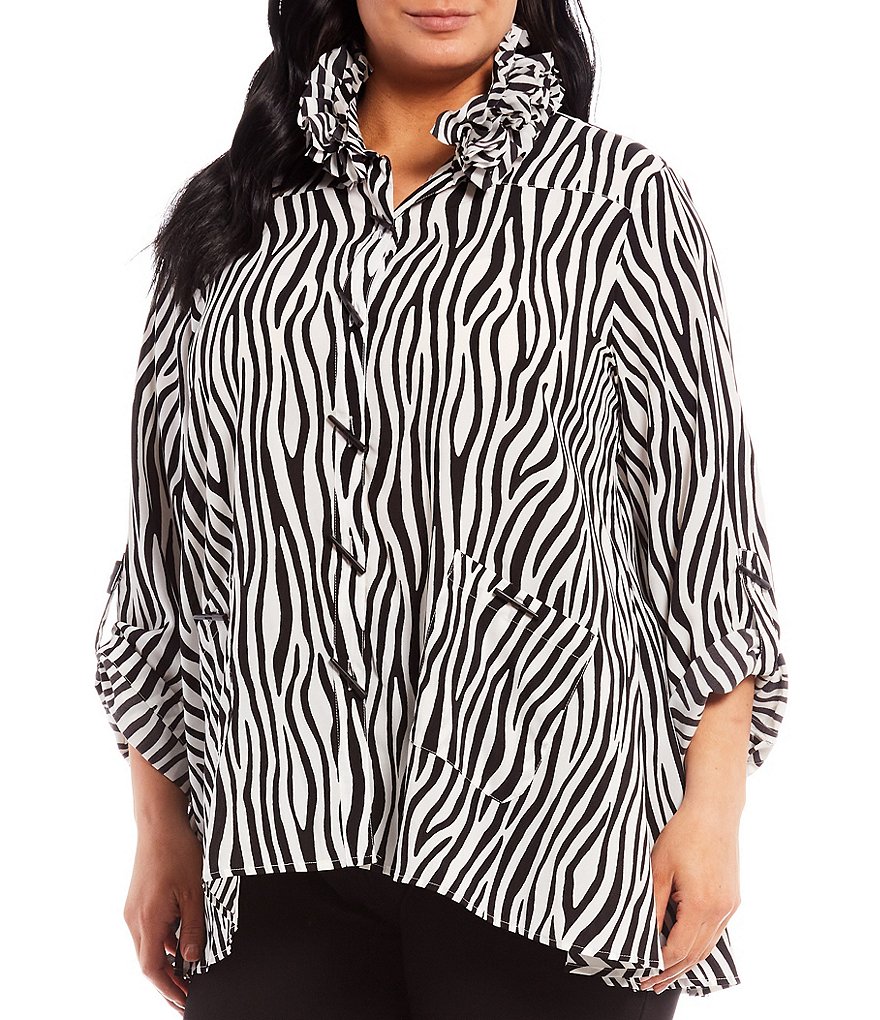 Ali Miles Plus Size Button Front Zebra Print Ruffle Point Collar Neck 3/4 Roll-Tab Sleeve Tunic