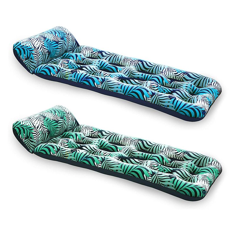 Aqua Leisure Inflatable Pool Float Water Contour Lounge Lounger Raft Floatie Couch with Headrest Pillow, Blue and Teal Ferns (2 Pack)