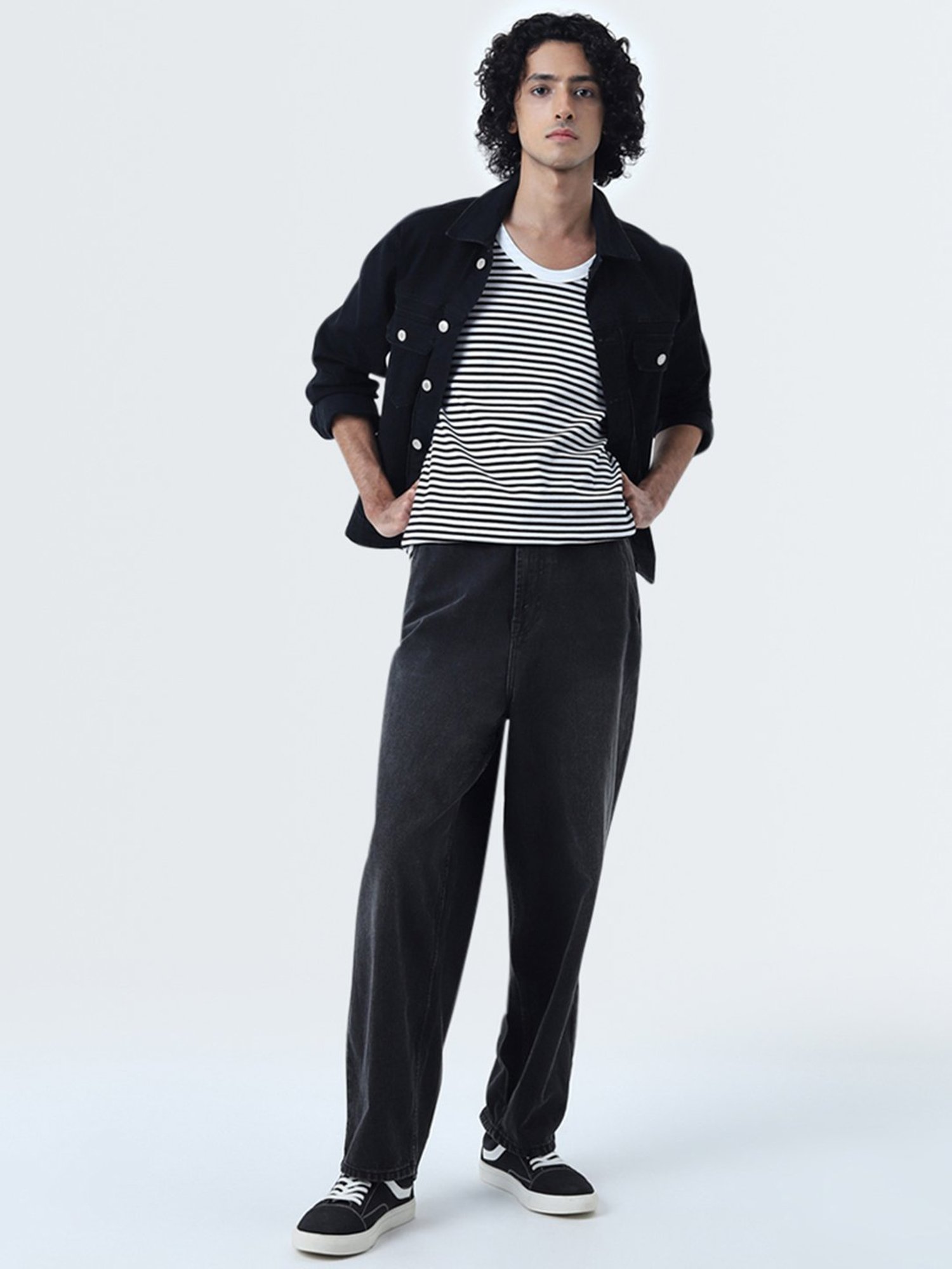 Nuon by Westside White & Black Striped Design Slim-Fit Cotton Vest