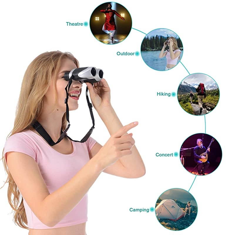 Adults Compact Travel Binoculars: 10x25 Mini Small Size Lightweight Best Outdoor Theatre Tactical Hiking Kids Concert Sports Camping Low-Light Night Vision Waterproof
