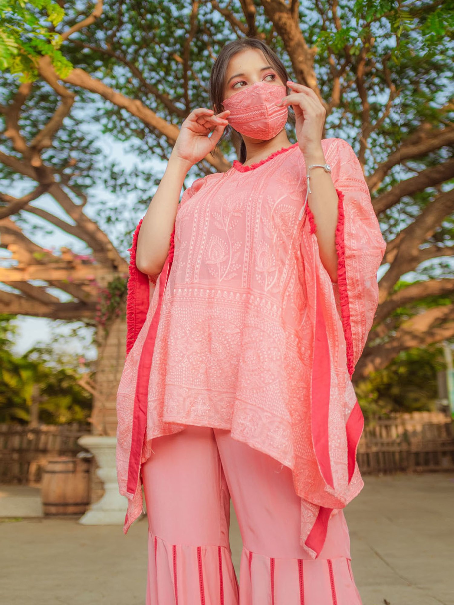 Monk and Mei Suraiya Chikankari Kaftan & Sharara- Peachy Melon