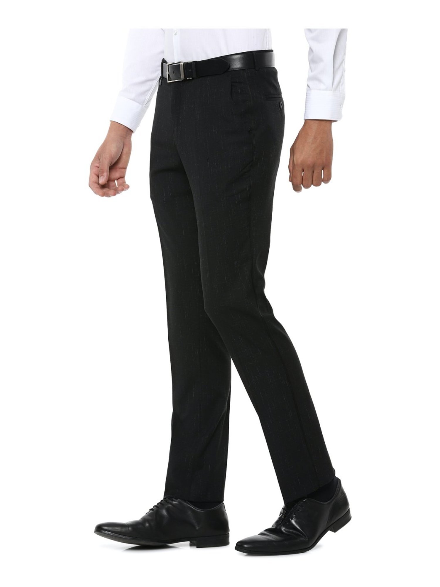 V Dot Black Skinny Fit Self Pattern Flat Front Trousers