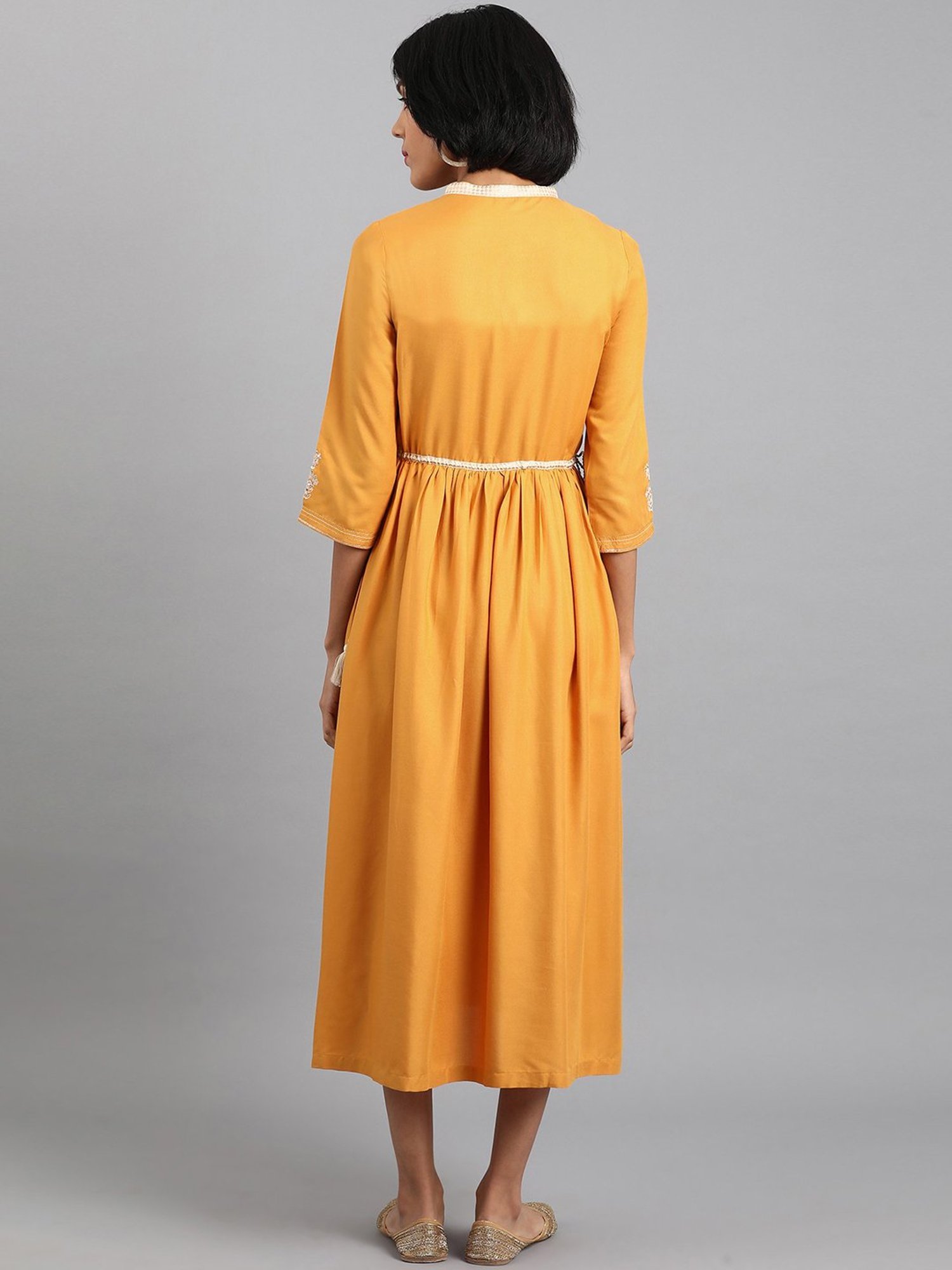 W Yellow Embroidered A-Line Dress