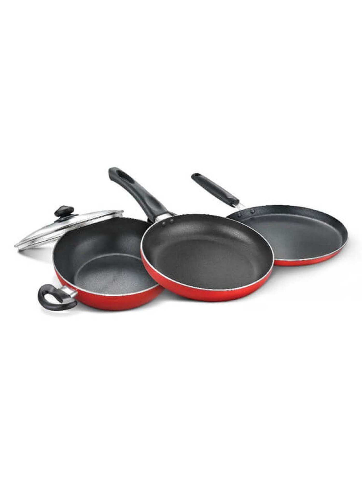 JUDGE Black & Red Aluminium Non-Stick Cookware Set (1 Kadai with Lid,1 Flat Tawa & 1 Frypan)