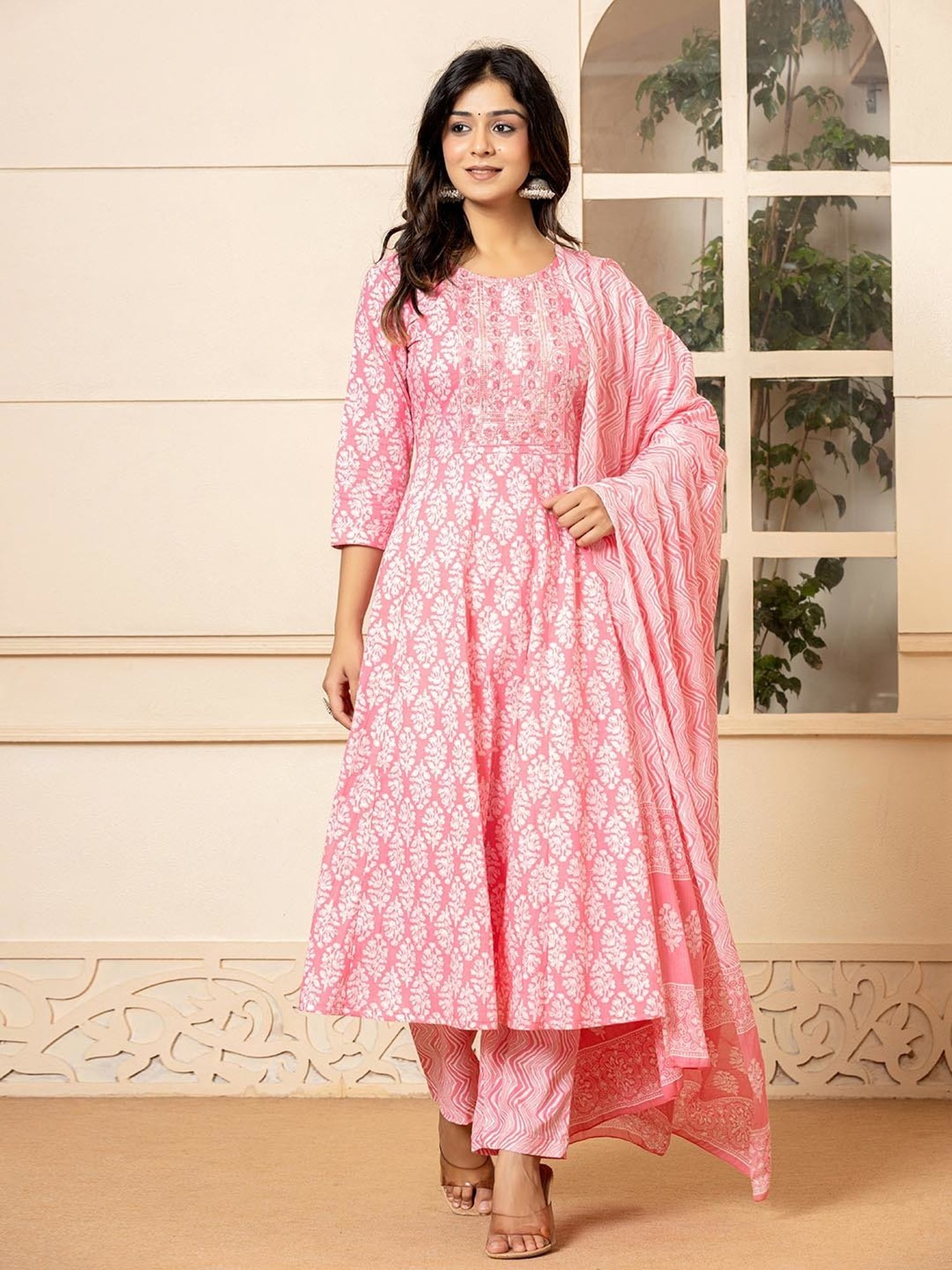 Yufta Pink Cotton Embroidered Kurta & Pant Set with Dupatta