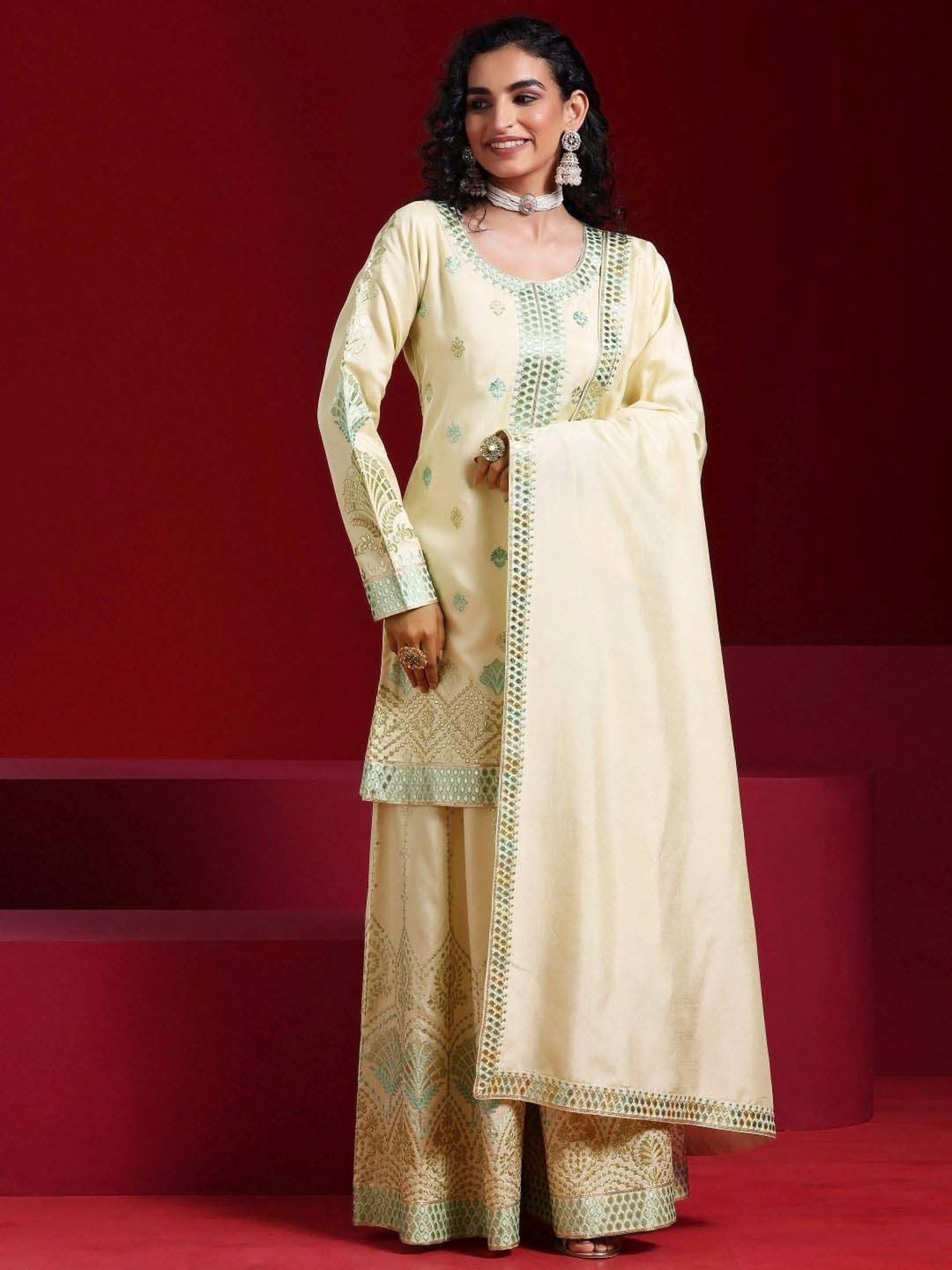 Libas Art Beige Embroidered Kurti Palazzo Set With Dupatta