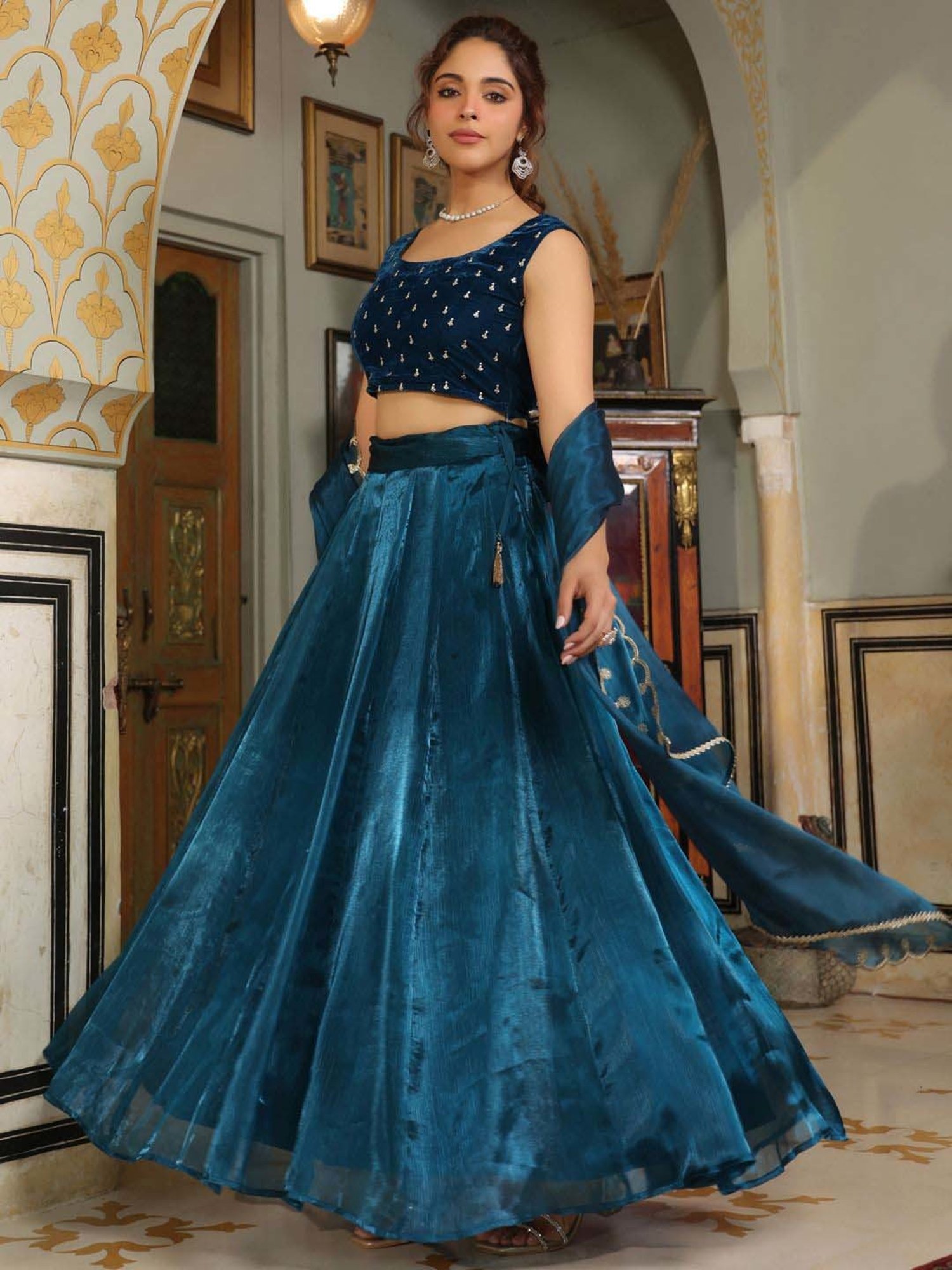 Janasya Blue Plain Lehenga Choli Set With Dupatta