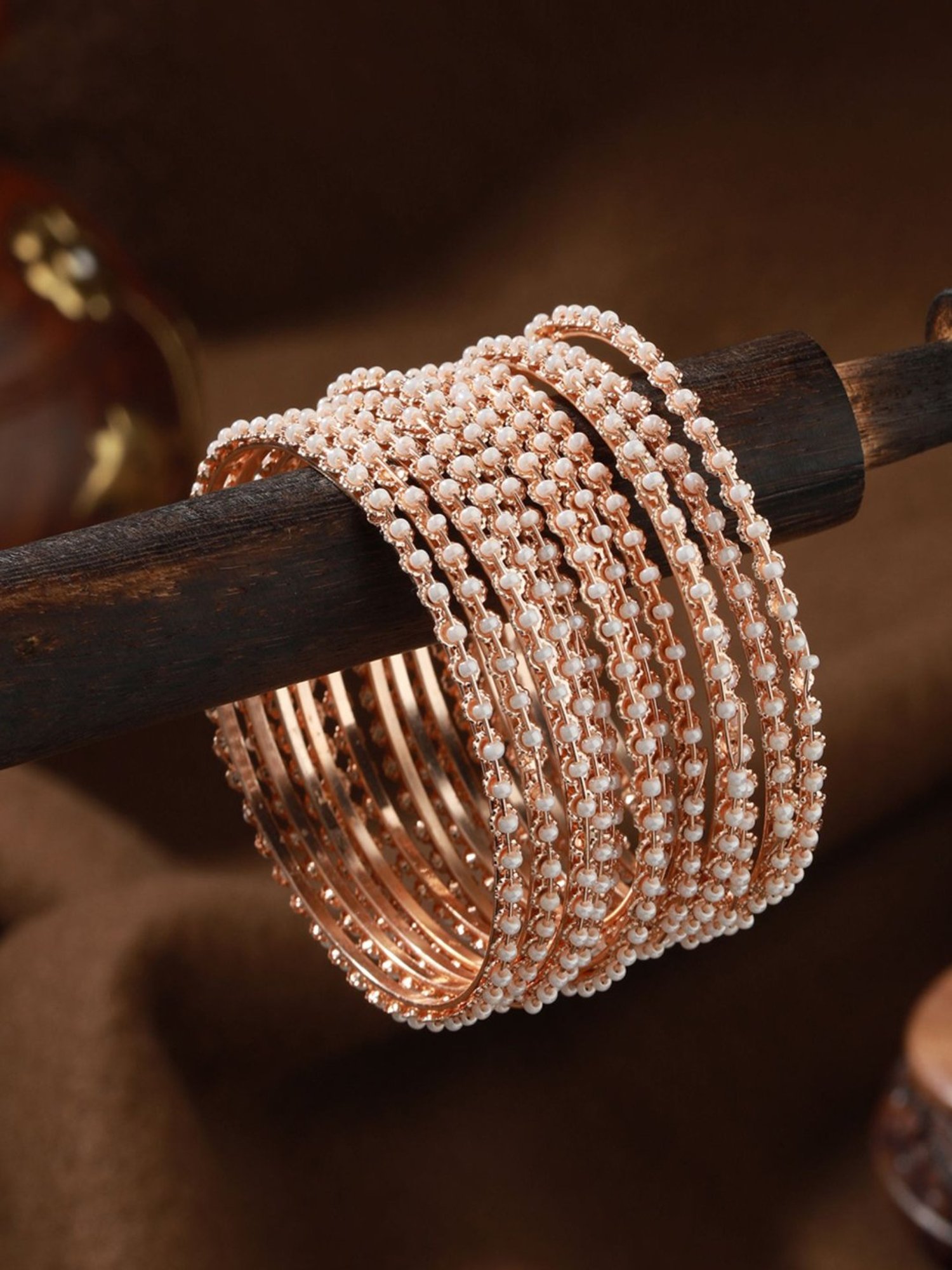 Aatmana Rose Gold-Plated & White Pearl Beaded Bangles for Women (Set of 12) - 2.4