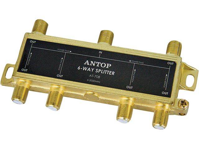 ANTOP Coaxial Splitter 6 Way 2GHz- 5-2050MHz - Low-loss RF Splitter for TV and Satellite - 18K Gold-plated chassis - All Port DC Power Passing