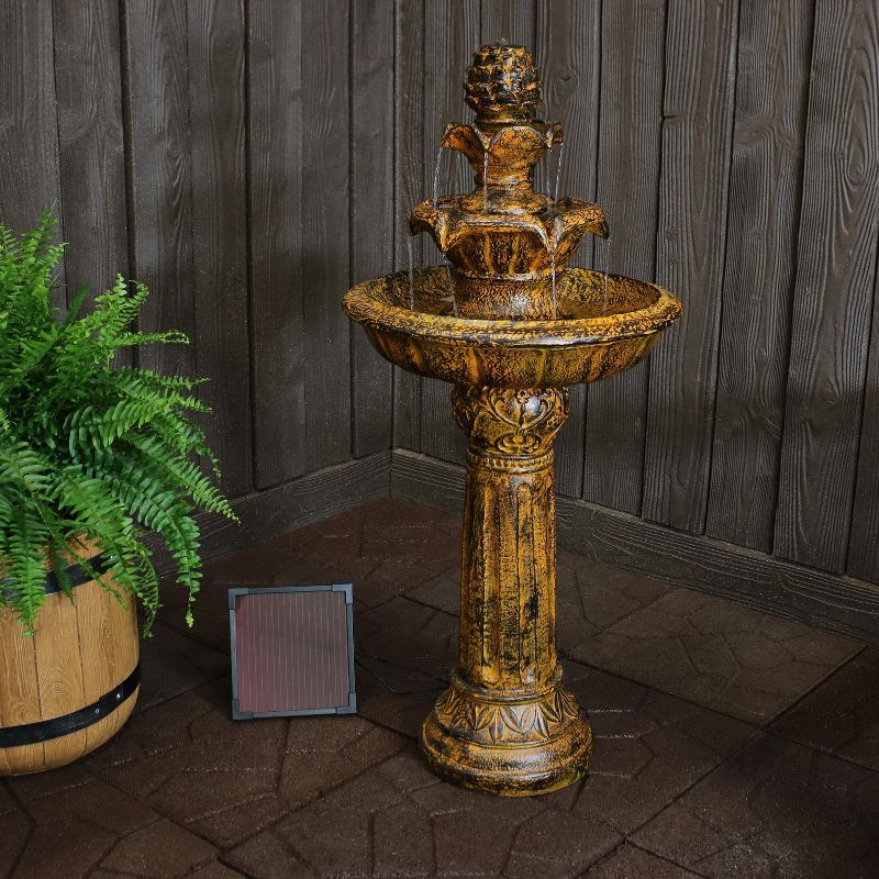 Sunnydaze Outdoor Solar Powered Ornate Elegance Tiered Water Fountain with Battery Backup and LED Light - 41" - Rustic Finish