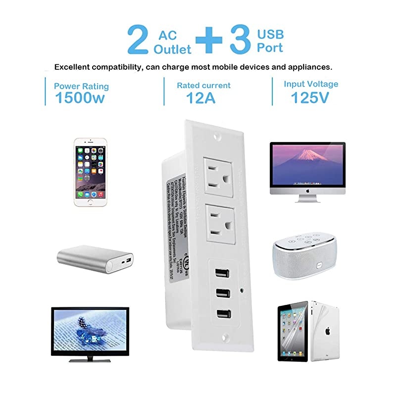 Recessed Power Strip Recessed Desk Outlet with 31A Max USB In Conference Desk Recessed Power Outlets Socket Desktop Power Grommet with 656ft Power Cord