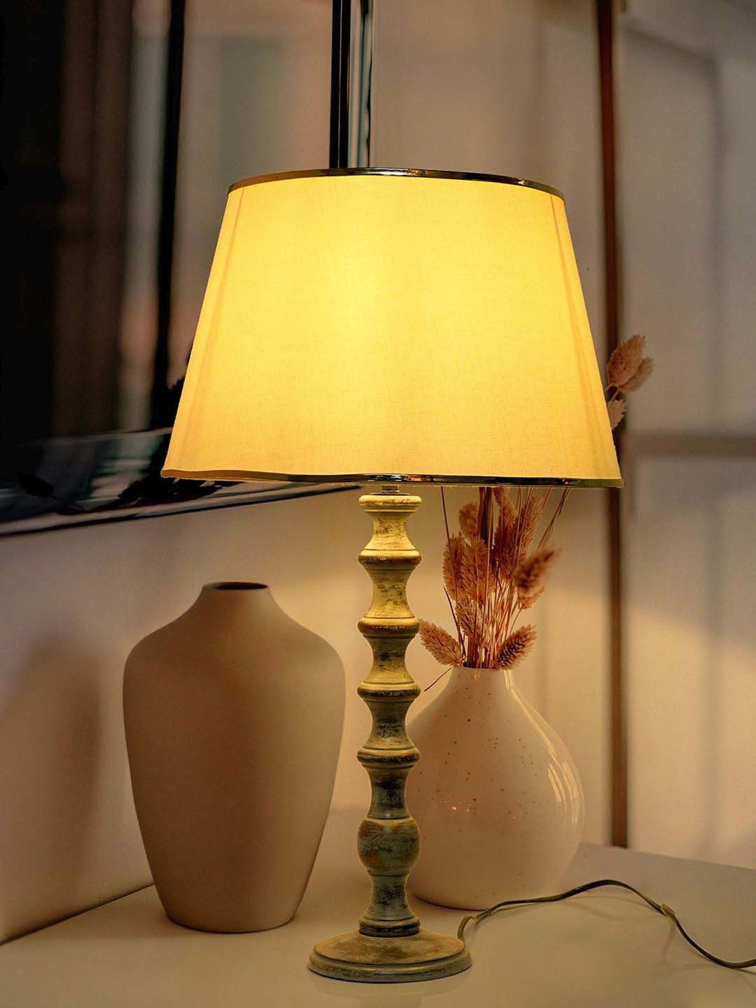 FOS LIGHTING Cream & Grey Wood Table Lamp With Tapered Fabric Shade