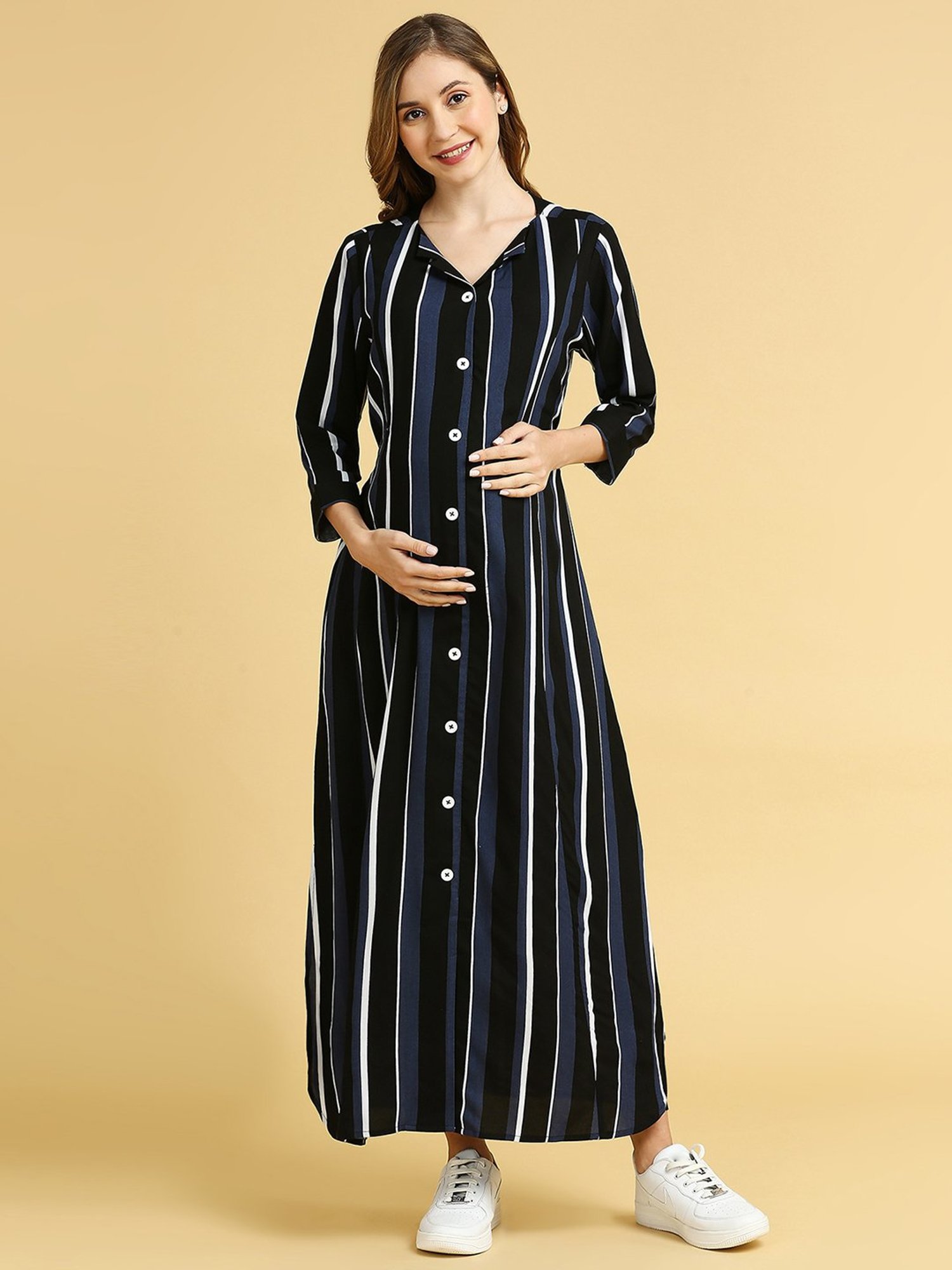 MomToBe Black & Blue Rayon Striped Maternity Maxi Dress