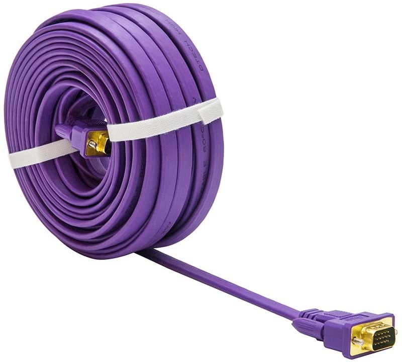 DTECH 50ft Thin VGA Cable Male to Male 15 Pin SVGA Computer Monitor Cord Flat Slim Adapter with Screws (50 Feet Purple)