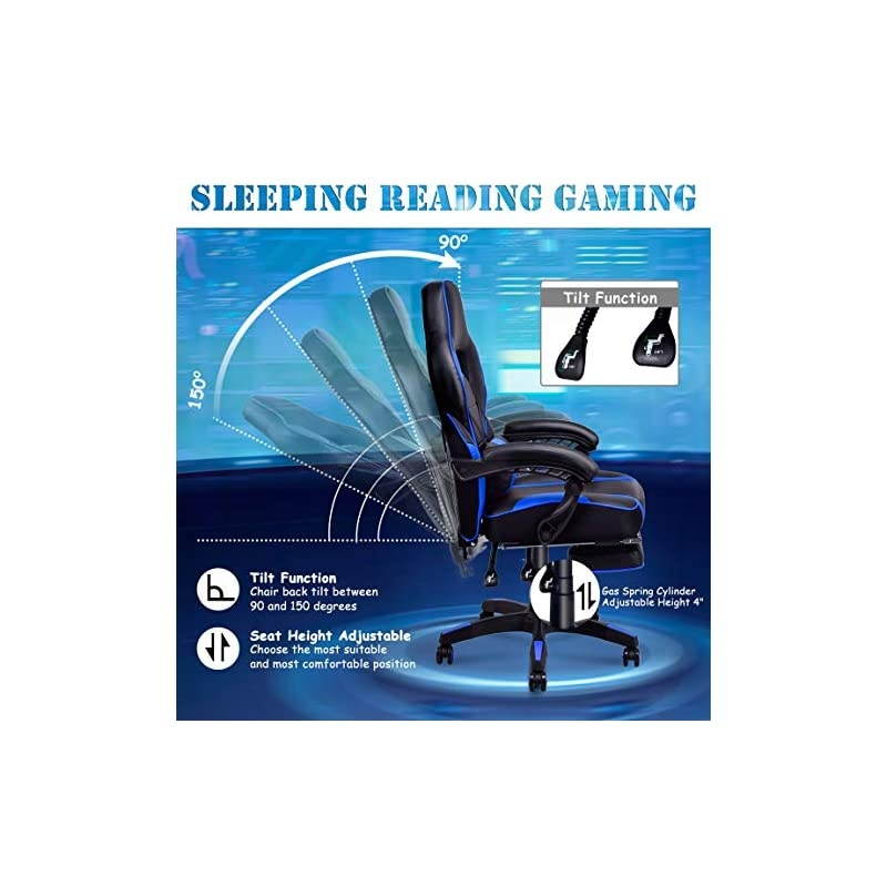 Ergonomic Gaming Chair, Executive Computer Office Chair with USB Massage Lumbar Cushion and Retractable Footrest, High Back Swivel Chair with Backrest and Height Adjustable (Blue)