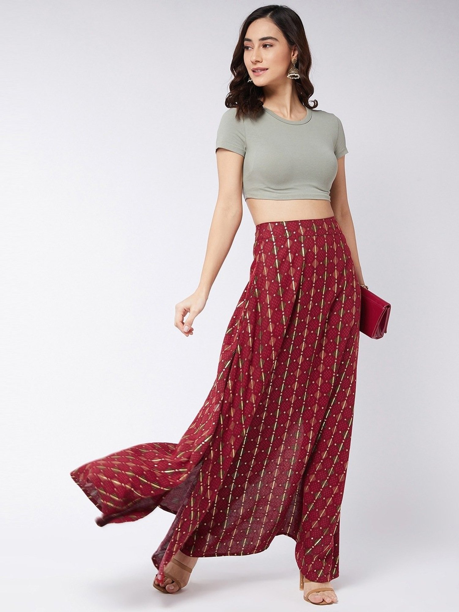 Inweave Red Cotton Printed A-Line Skirt