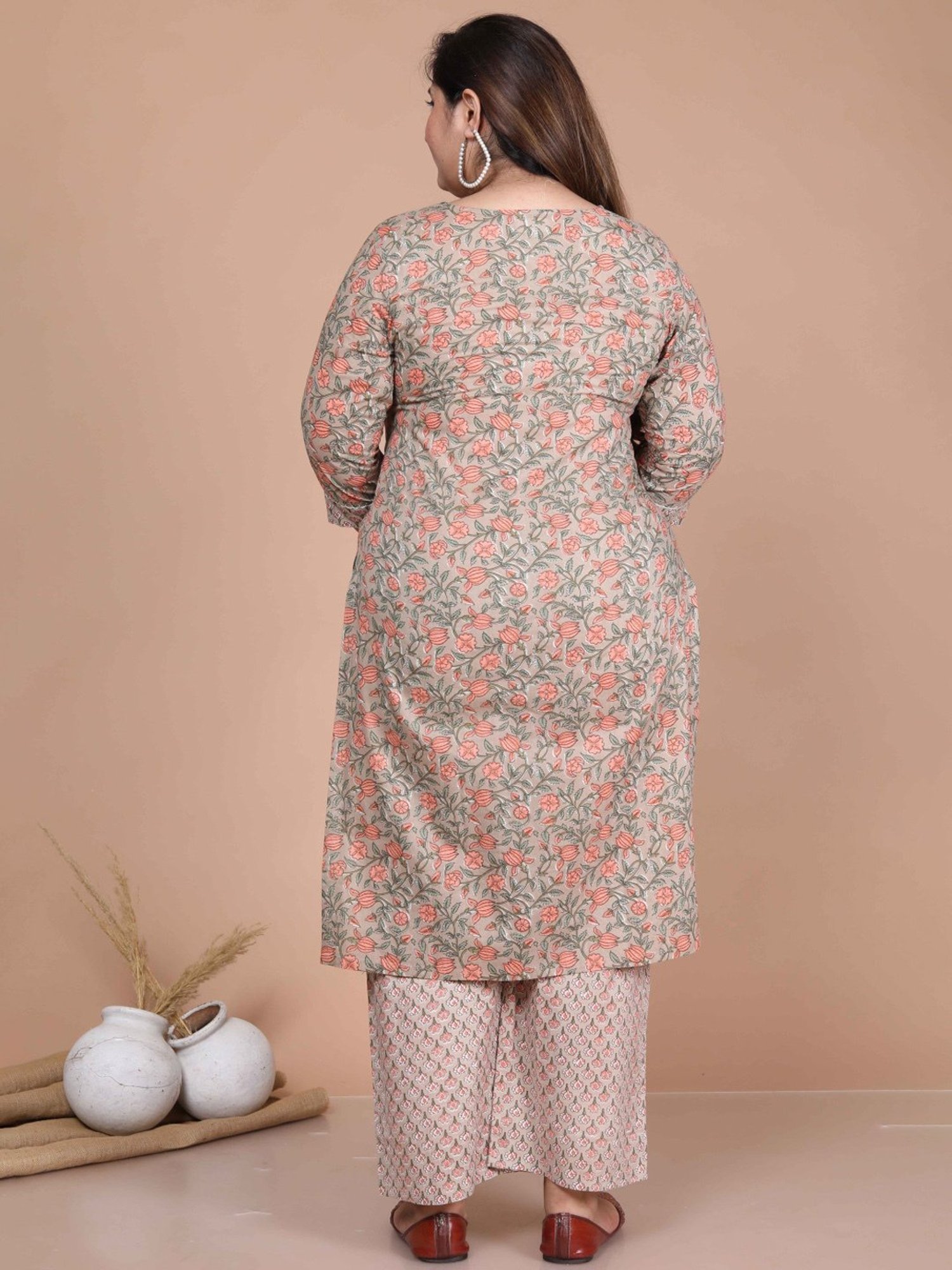 Miravan Beige Cotton Floral Print Kurta Palazzo Set