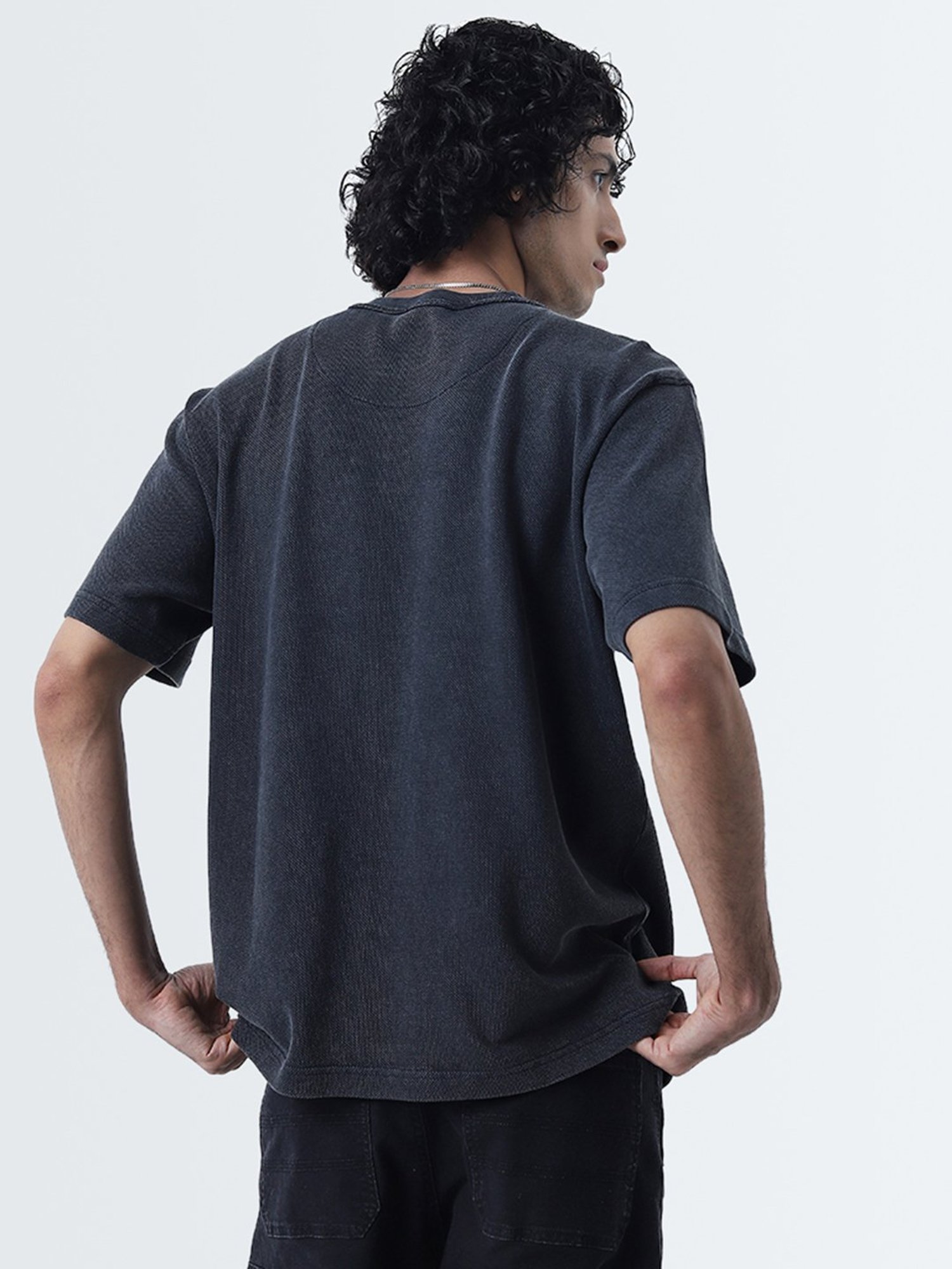 Nuon by Westside Dark Grey Text Printed Relaxed-Fit Cotton T-Shirt