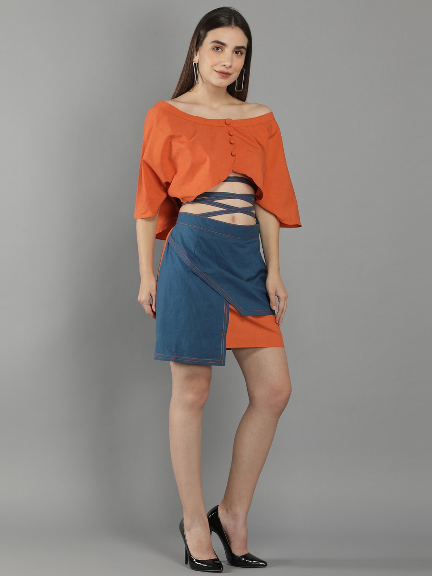 KAORI BY SHREYA AGARWAL Orange & Blue Cotton Color-Block Co-Ords Set