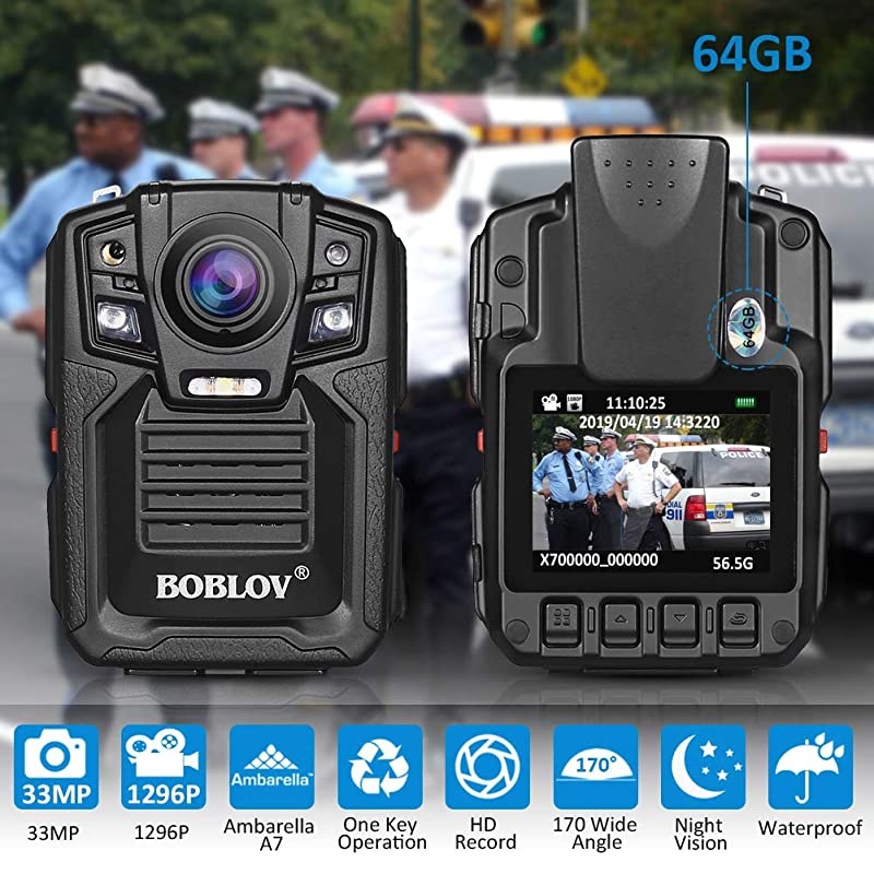 Body Worn Camera with Audio 64GB,  1296P Police Body Cameras for Law Enforcement, Security Guard, Waterproof Body Mounted Cam DVR Video IR with Night Vision, 170&deg; Wide Angle