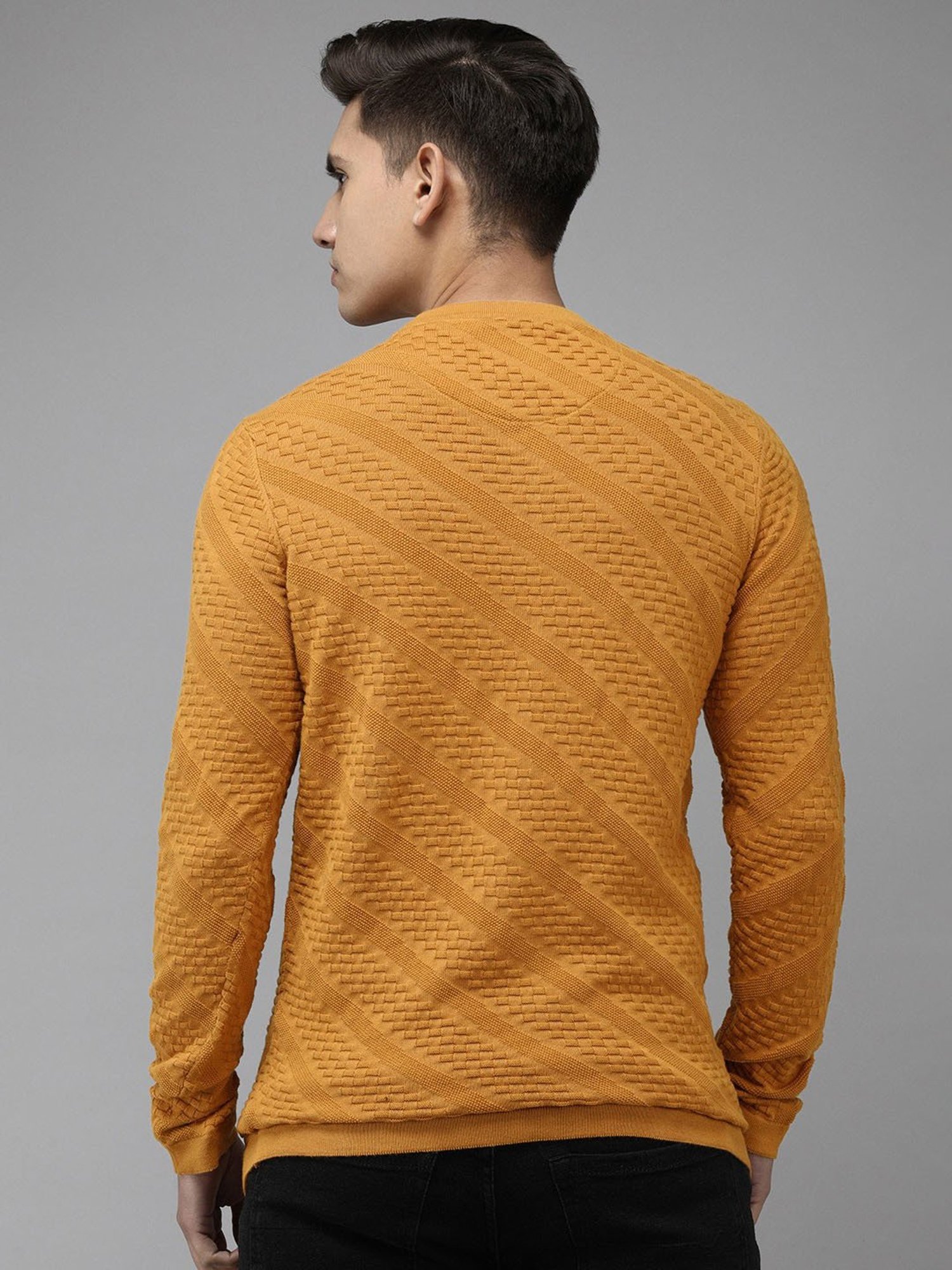 The Bear House Mustard Slim Fit Self Design Sweater