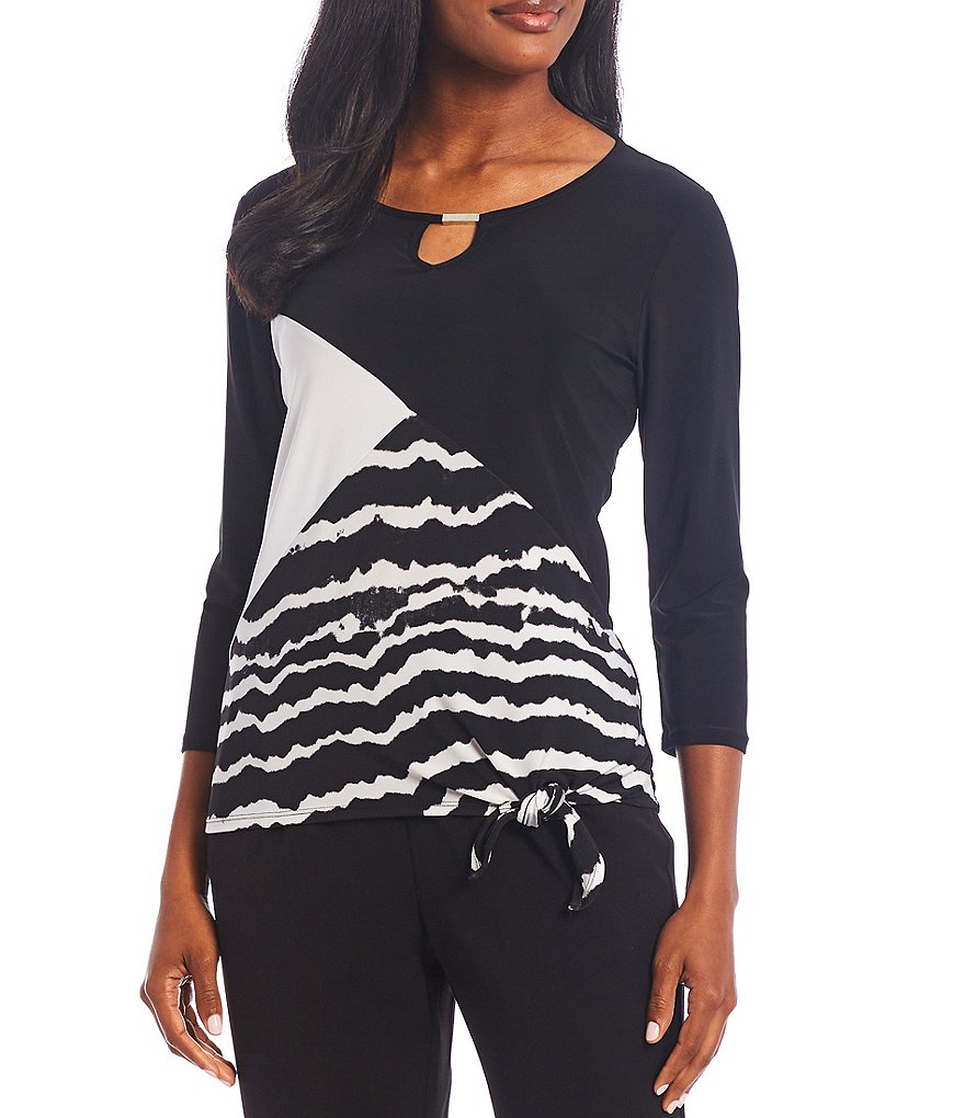Allison Daley Tie Dye Stripe Colorblock Print Keyhole Neck 3/4 Sleeve Side Tie Front Detail Top