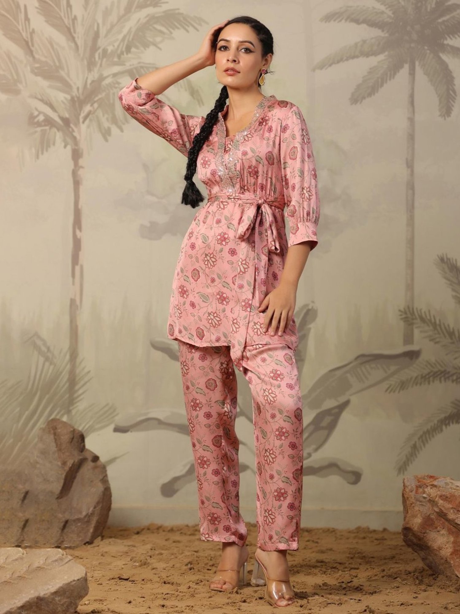 Artagai Beige Co-Ord Set with Notch Collar Kurta and Straight Pants