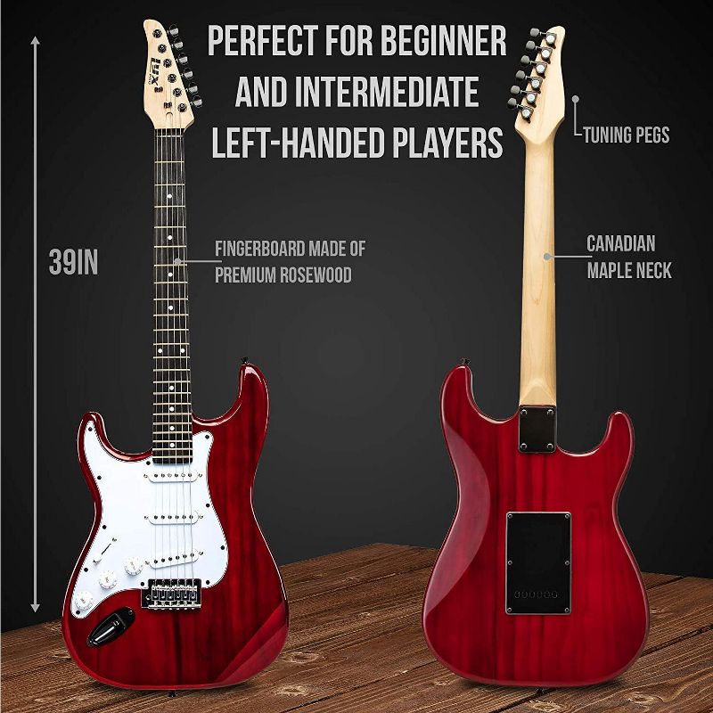 LyxPro Left Hand 39 Inch Electric Guitar and Starter Kit for Lefty Full Size Beginner's Guitar, Amp, Six Strings, Two Picks, Shoulder Strap, Digital Clip On Tuner, Guitar Cable and Soft Case - Red